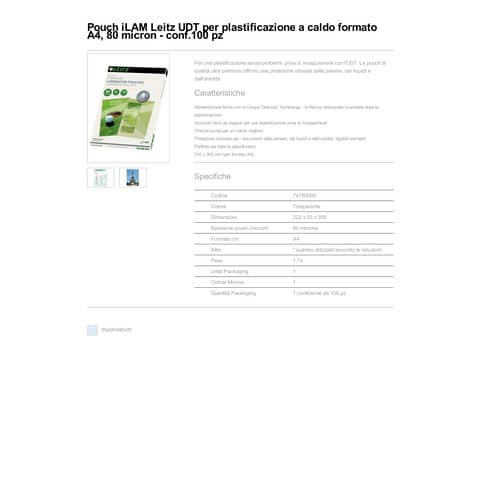 Pouches per plastificatrici Leitz iLam con UDT 2x80 µm in EVA A4 21,6x30,3 cm Conf. 100 pezzi - 74780000